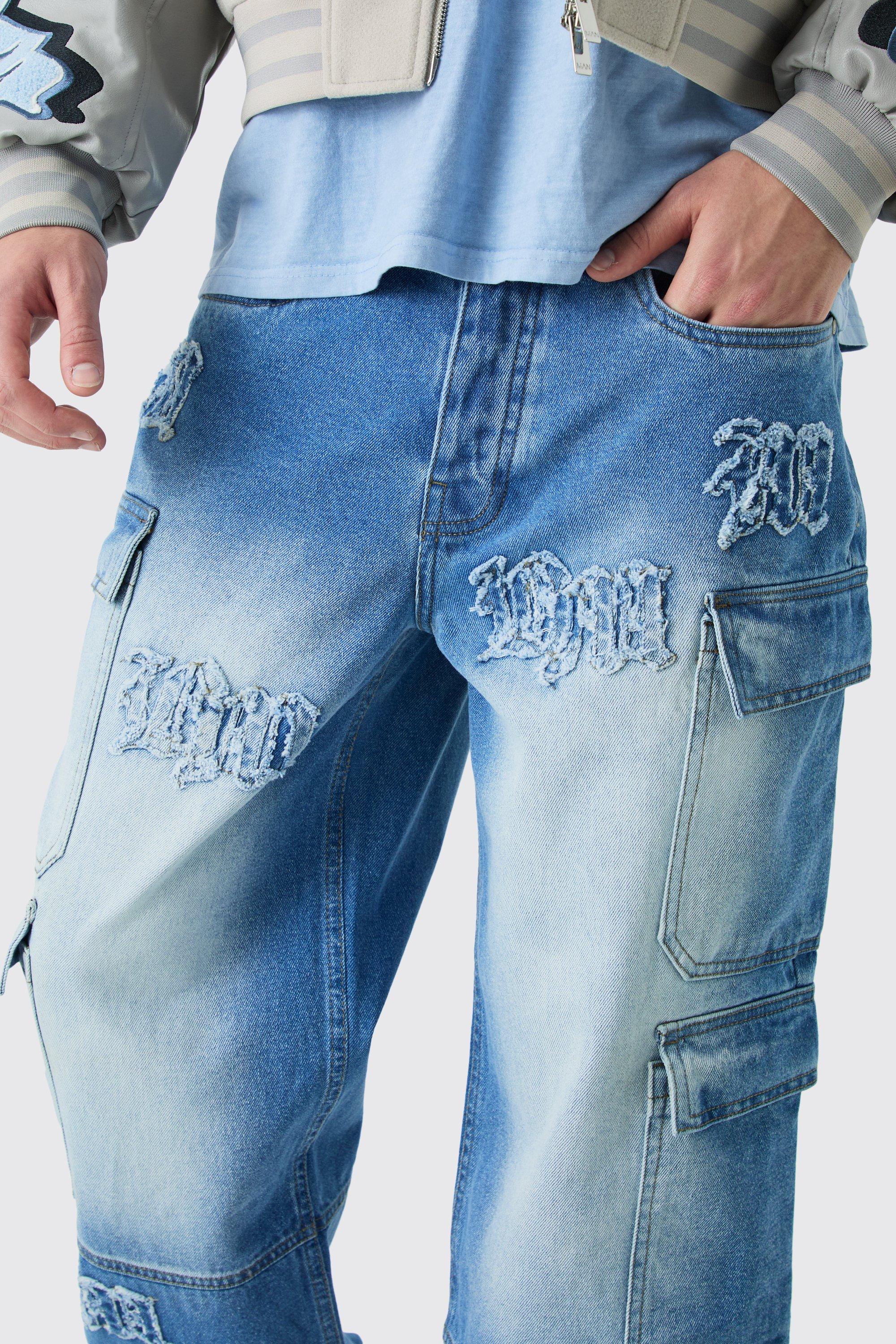 Jeans extra comodi in denim rigido con applique BM e tasche Cargo
